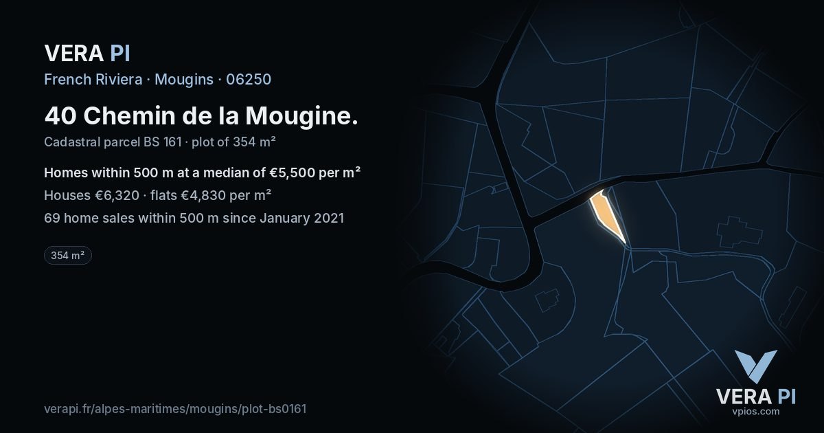 40 Chemin de la Mougine, Mougins at night – the plot lit, the parcels around coloured by the prices near them