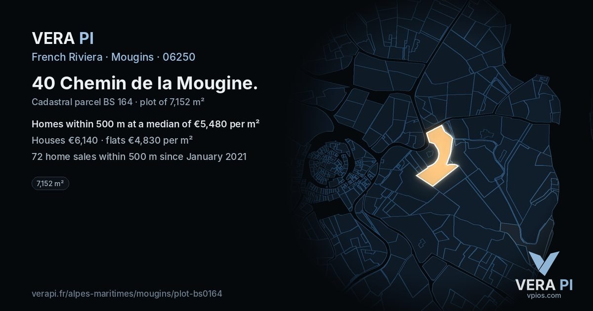 40 Chemin de la Mougine, Mougins at night – the plot lit, the parcels around coloured by the prices near them