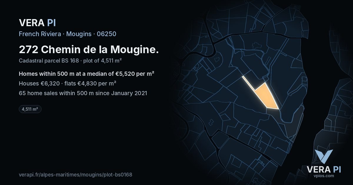 272 Chemin de la Mougine, Mougins at night – the plot lit, the parcels around coloured by the prices near them