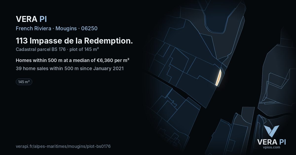 113 Impasse de la Redemption, Mougins at night – the plot lit, the parcels around coloured by the prices near them