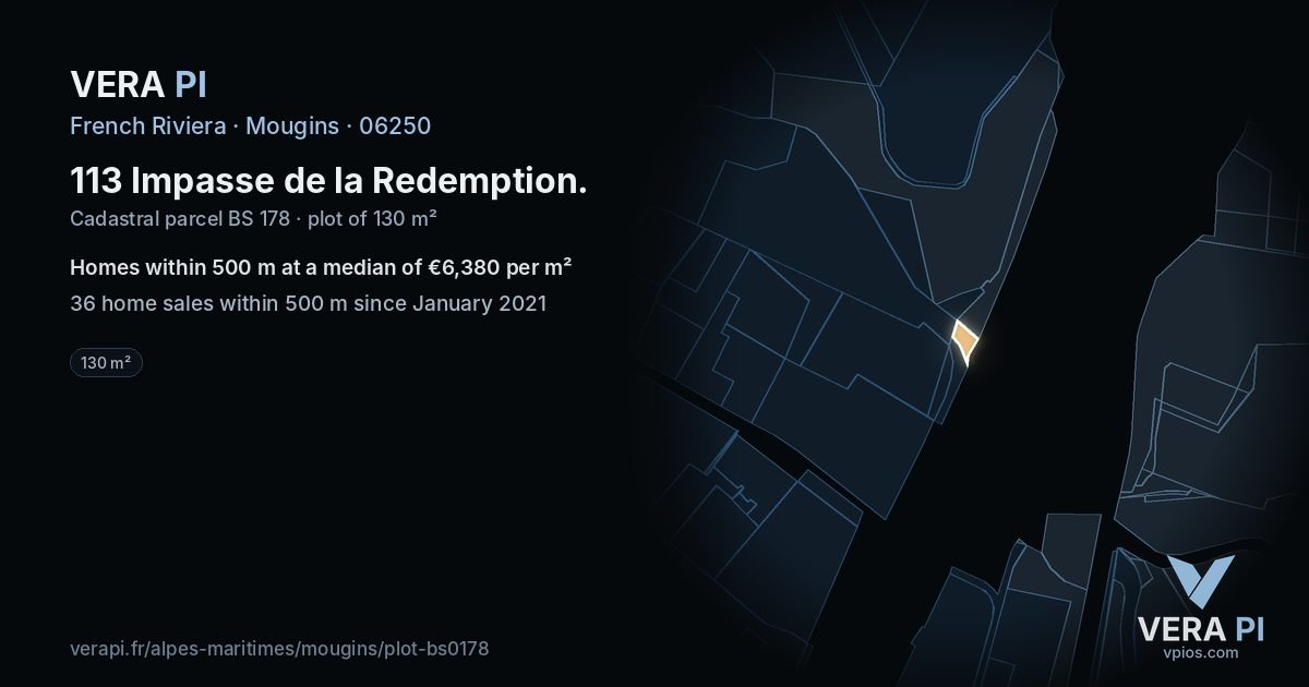 113 Impasse de la Redemption, Mougins at night – the plot lit, the parcels around coloured by the prices near them