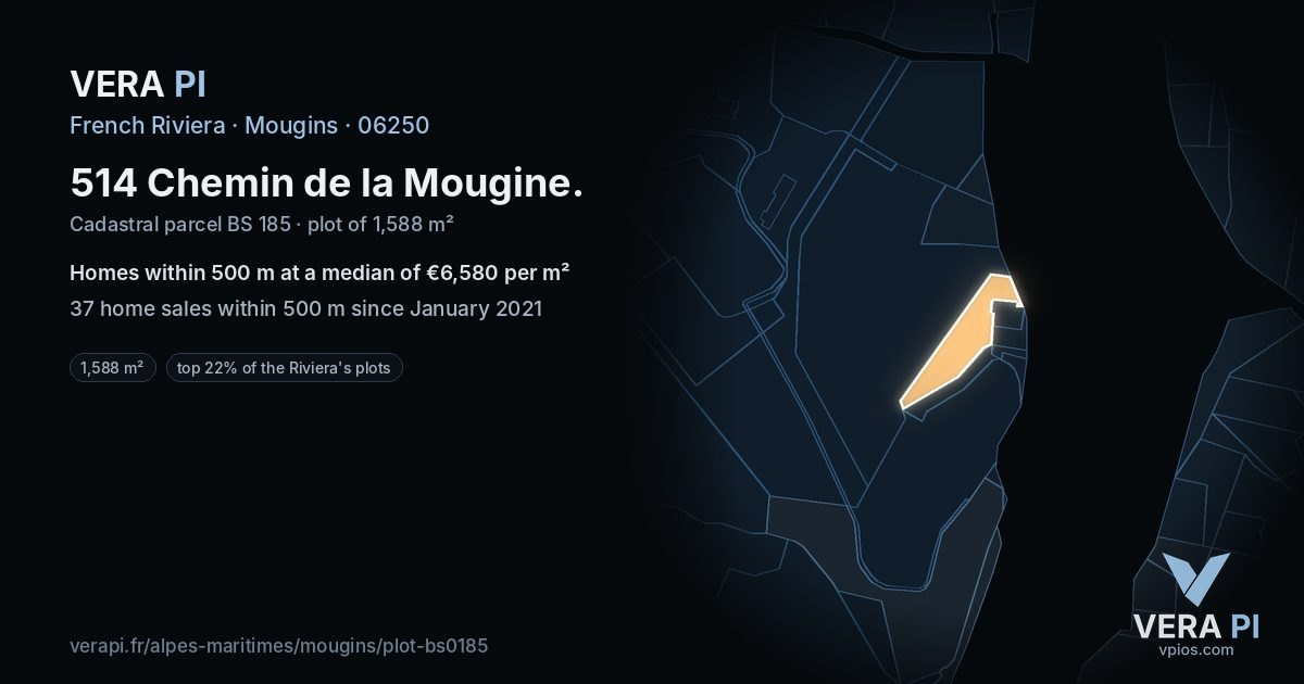 514 Chemin de la Mougine, Mougins at night – the plot lit, the parcels around coloured by the prices near them
