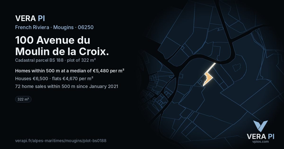 100 Avenue du Moulin de la Croix, Mougins at night – the plot lit, the parcels around coloured by the prices near them