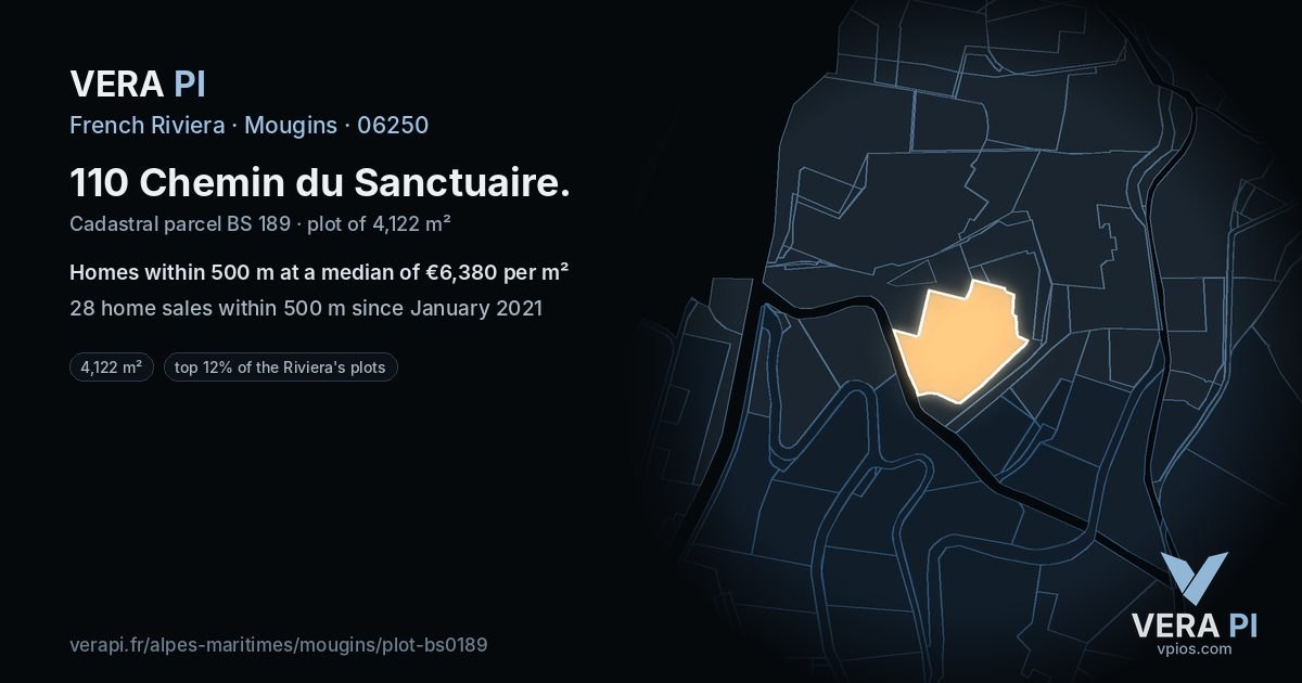 110 Chemin du Sanctuaire, Mougins at night – the plot lit, the parcels around coloured by the prices near them