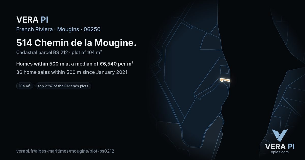 514 Chemin de la Mougine, Mougins at night – the plot lit, the parcels around coloured by the prices near them