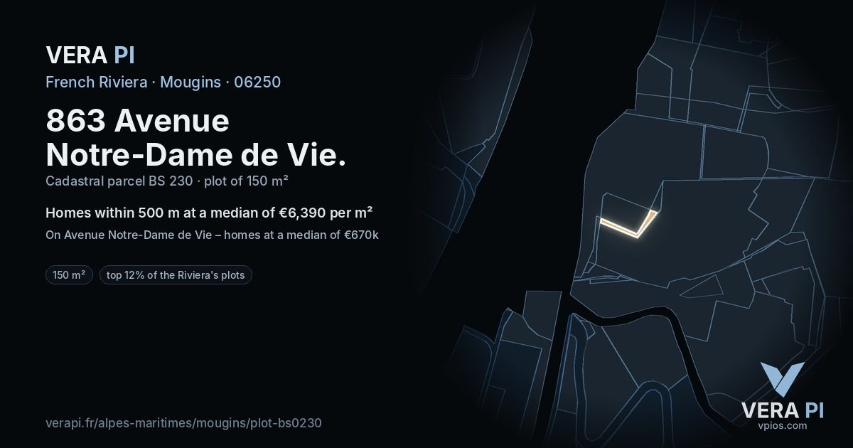 863 Avenue Notre-Dame de Vie, Mougins at night – the plot lit, the parcels around coloured by the prices near them