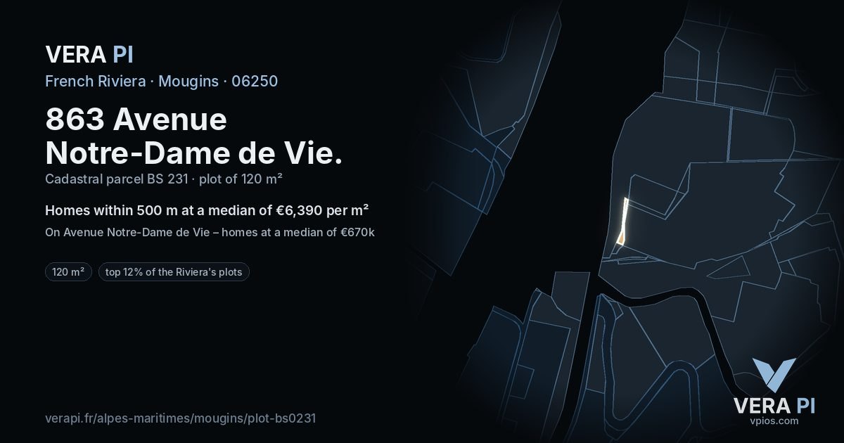 863 Avenue Notre-Dame de Vie, Mougins at night – the plot lit, the parcels around coloured by the prices near them