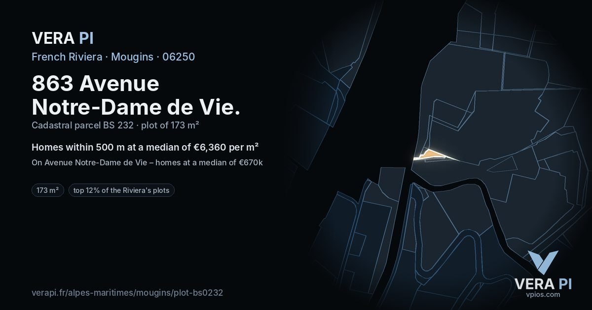 863 Avenue Notre-Dame de Vie, Mougins at night – the plot lit, the parcels around coloured by the prices near them