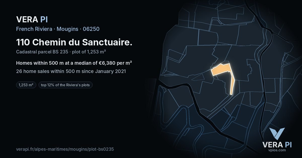 110 Chemin du Sanctuaire, Mougins at night – the plot lit, the parcels around coloured by the prices near them