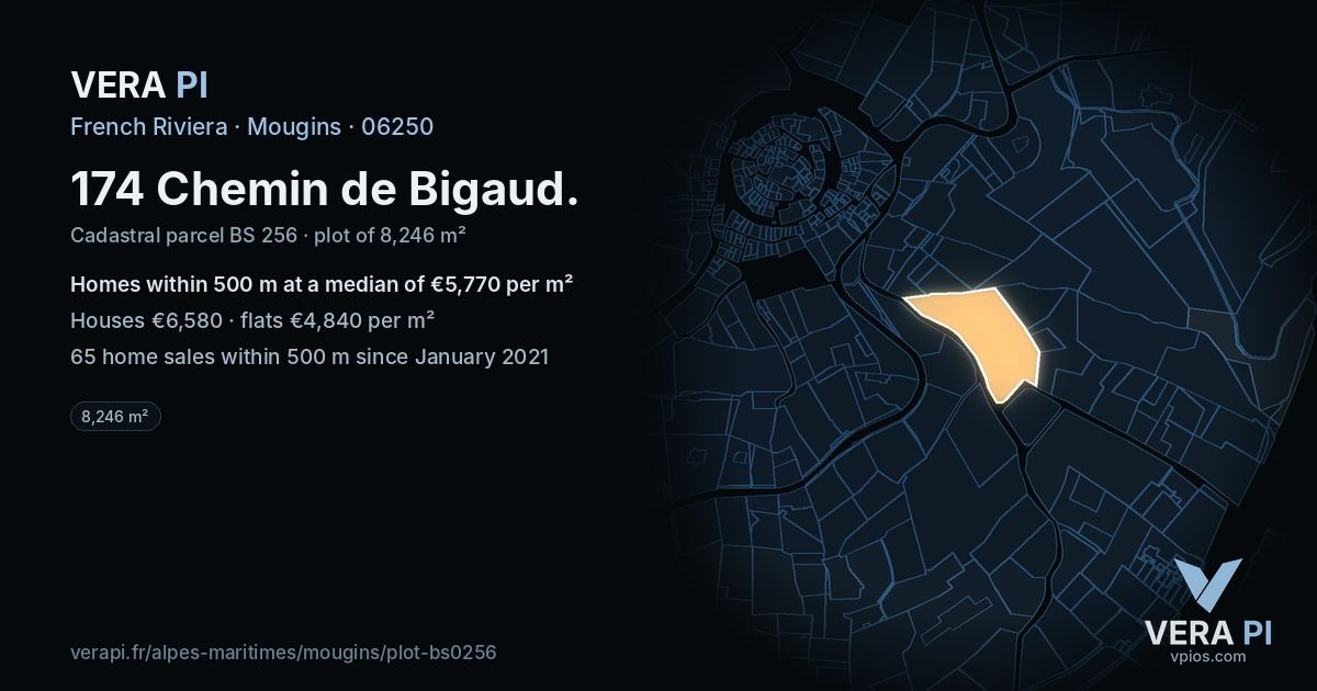 174 Chemin de Bigaud, Mougins at night – the plot lit, the parcels around coloured by the prices near them