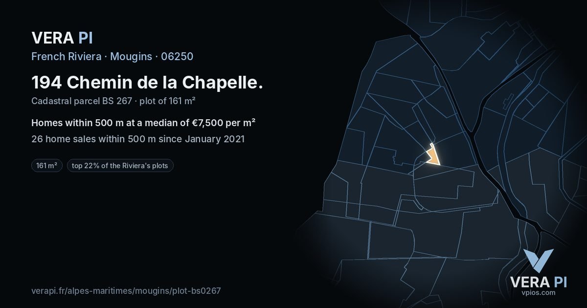 194 Chemin de la Chapelle, Mougins at night – the plot lit, the parcels around coloured by the prices near them