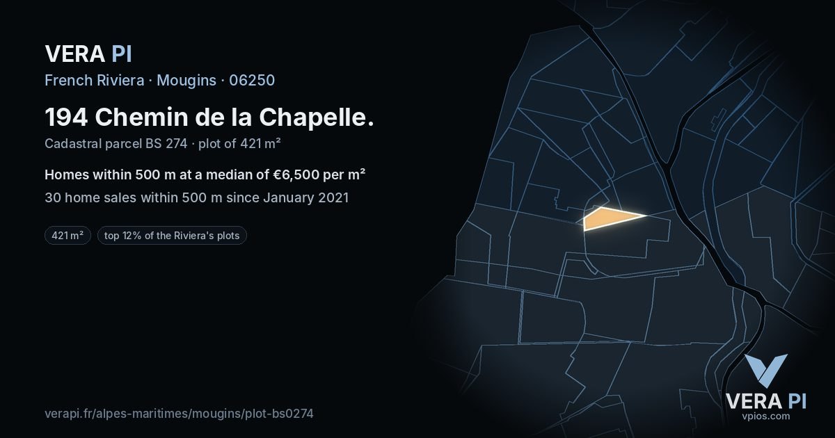 194 Chemin de la Chapelle, Mougins at night – the plot lit, the parcels around coloured by the prices near them
