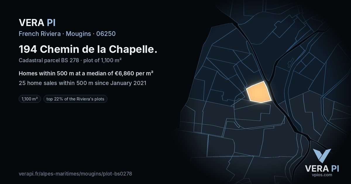 194 Chemin de la Chapelle, Mougins at night – the plot lit, the parcels around coloured by the prices near them