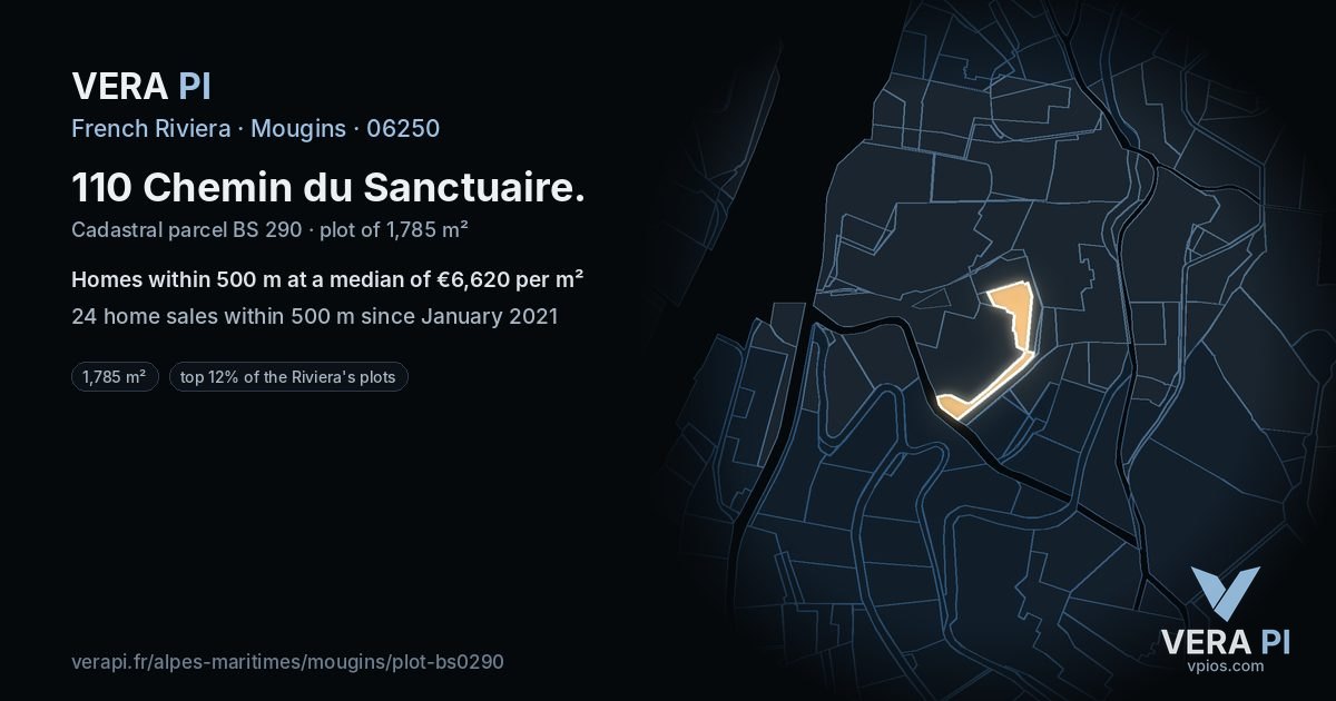 110 Chemin du Sanctuaire, Mougins at night – the plot lit, the parcels around coloured by the prices near them