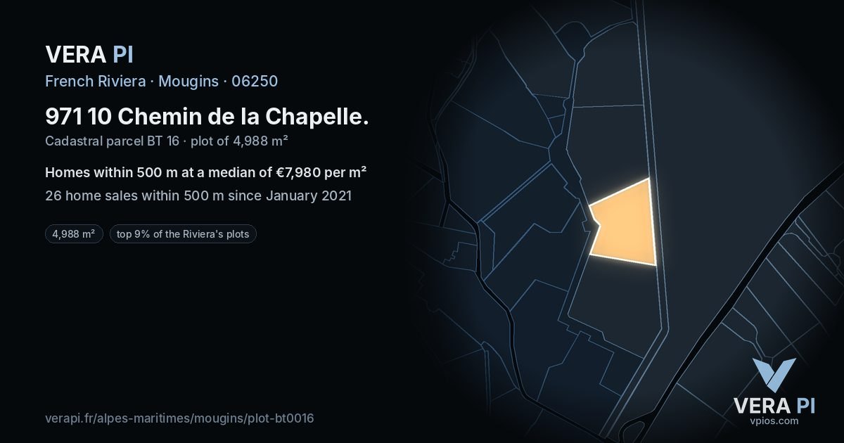 971 10 Chemin de la Chapelle, Mougins at night – the plot lit, the parcels around coloured by the prices near them