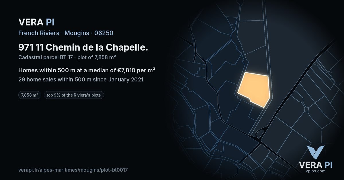 971 11 Chemin de la Chapelle, Mougins at night – the plot lit, the parcels around coloured by the prices near them