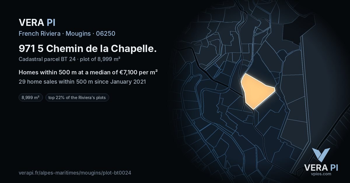 971 5 Chemin de la Chapelle, Mougins at night – the plot lit, the parcels around coloured by the prices near them