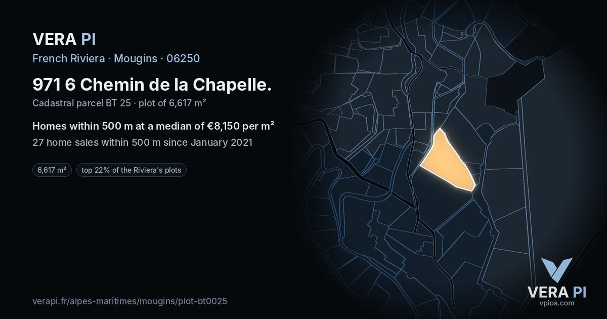 971 6 Chemin de la Chapelle, Mougins at night – the plot lit, the parcels around coloured by the prices near them
