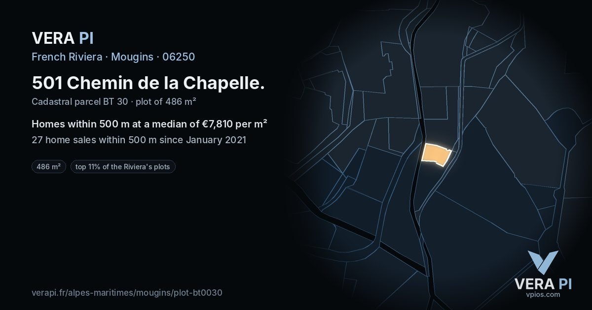 501 Chemin de la Chapelle, Mougins at night – the plot lit, the parcels around coloured by the prices near them
