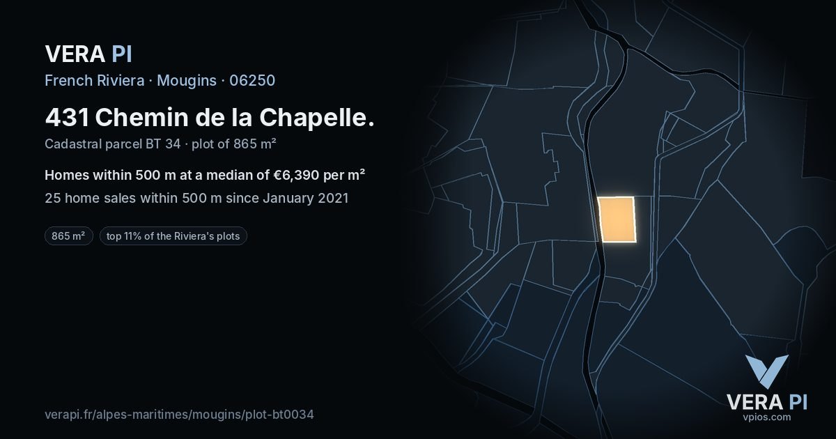 431 Chemin de la Chapelle, Mougins at night – the plot lit, the parcels around coloured by the prices near them