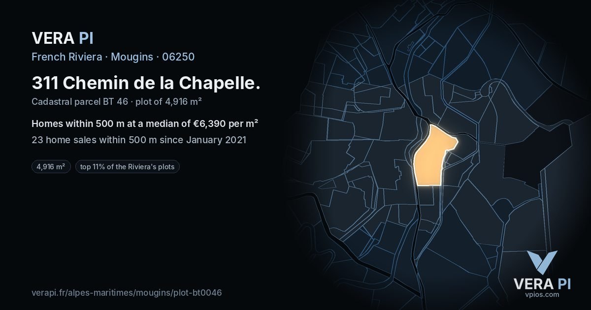 311 Chemin de la Chapelle, Mougins at night – the plot lit, the parcels around coloured by the prices near them