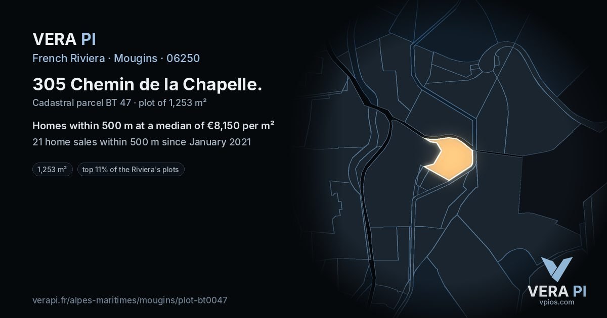 305 Chemin de la Chapelle, Mougins at night – the plot lit, the parcels around coloured by the prices near them