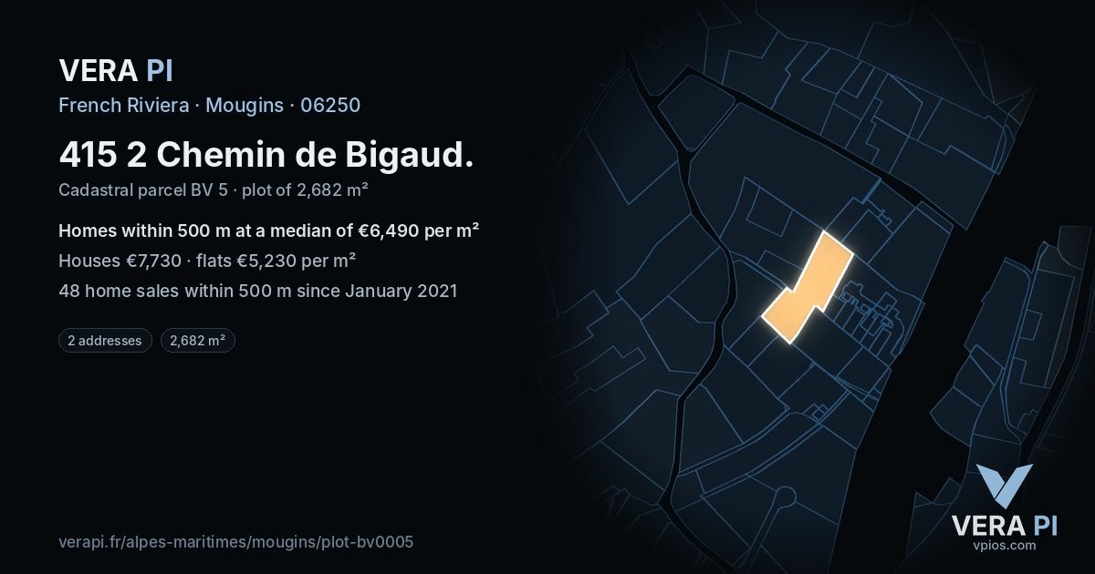 415 2 Chemin de Bigaud, Mougins at night – the plot lit, the parcels around coloured by the prices near them