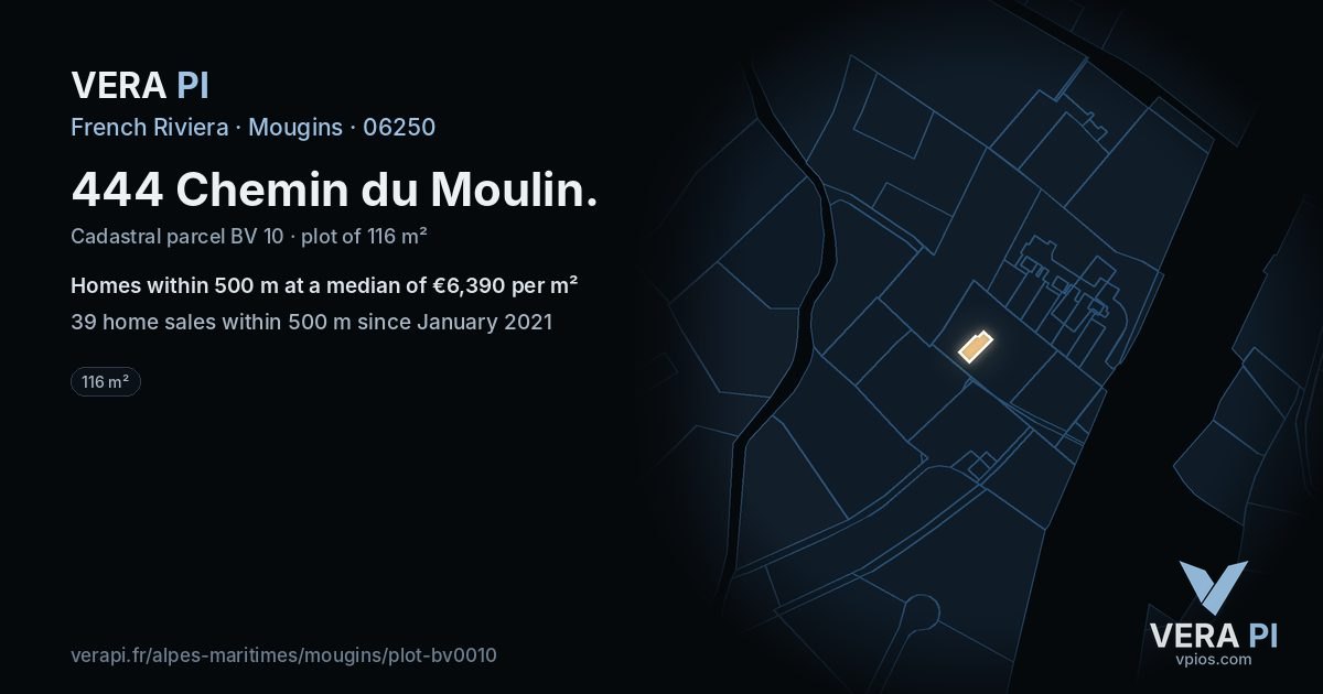 444 Chemin du Moulin, Mougins at night – the plot lit, the parcels around coloured by the prices near them