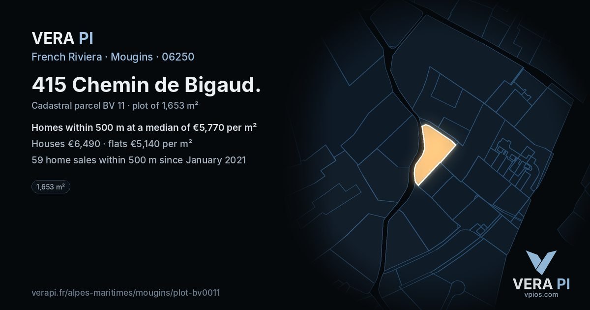 415 Chemin de Bigaud, Mougins at night – the plot lit, the parcels around coloured by the prices near them
