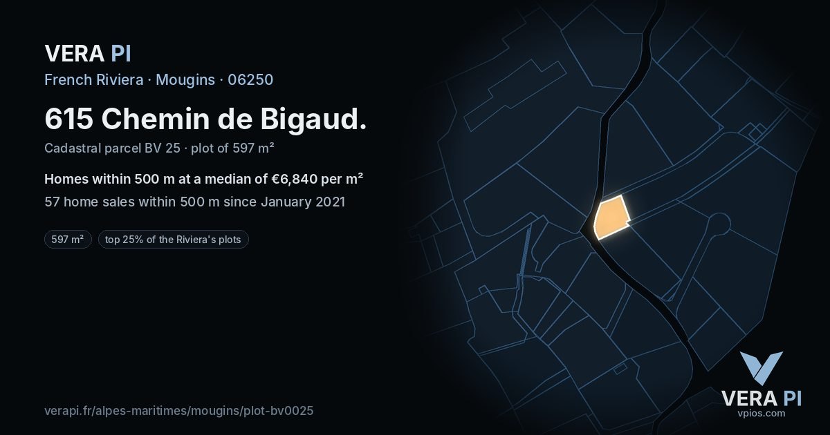 615 Chemin de Bigaud, Mougins at night – the plot lit, the parcels around coloured by the prices near them