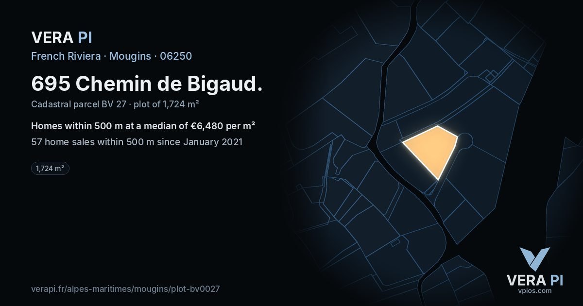 695 Chemin de Bigaud, Mougins at night – the plot lit, the parcels around coloured by the prices near them