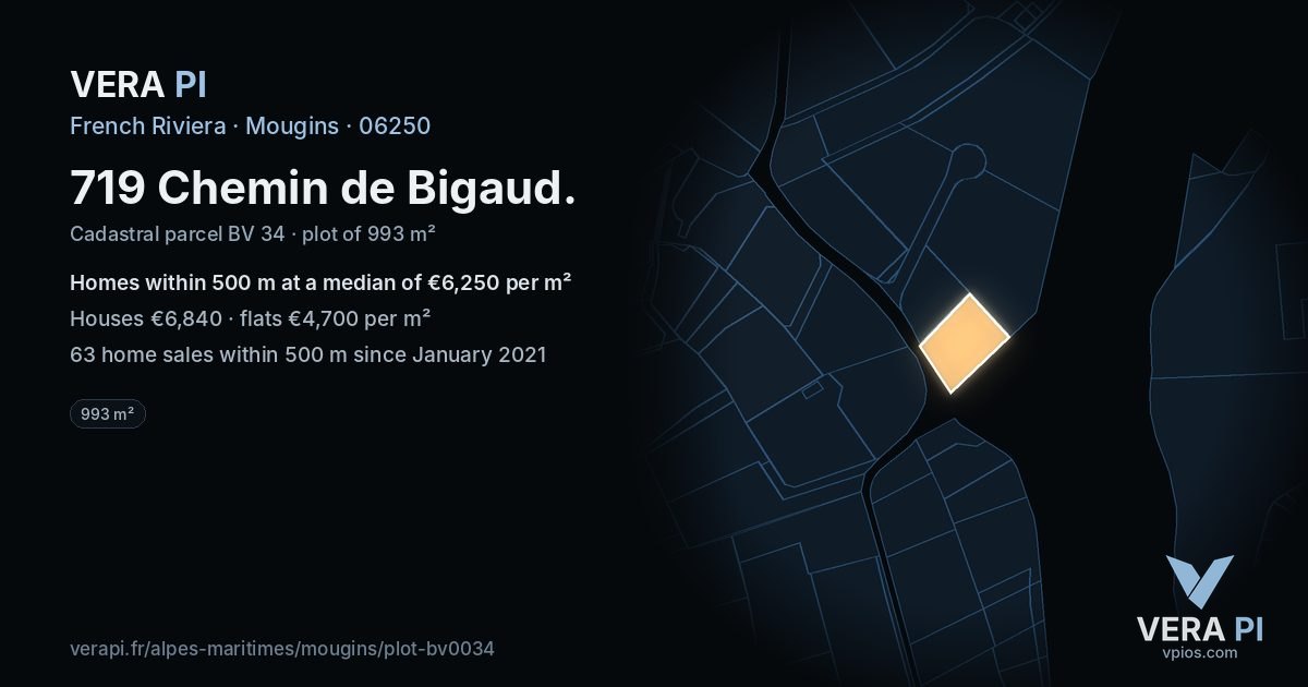 719 Chemin de Bigaud, Mougins at night – the plot lit, the parcels around coloured by the prices near them