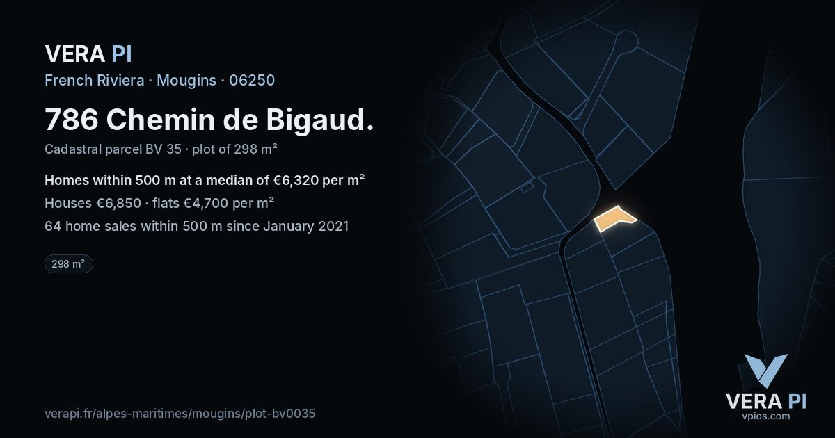 786 Chemin de Bigaud, Mougins at night – the plot lit, the parcels around coloured by the prices near them