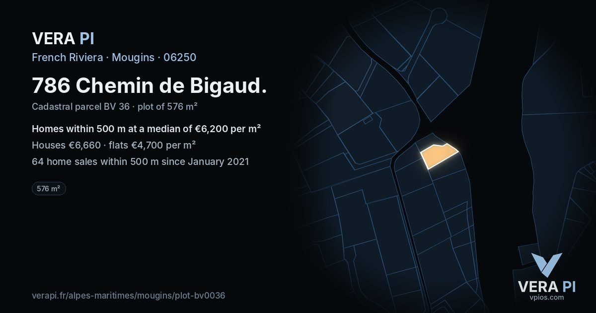 786 Chemin de Bigaud, Mougins at night – the plot lit, the parcels around coloured by the prices near them