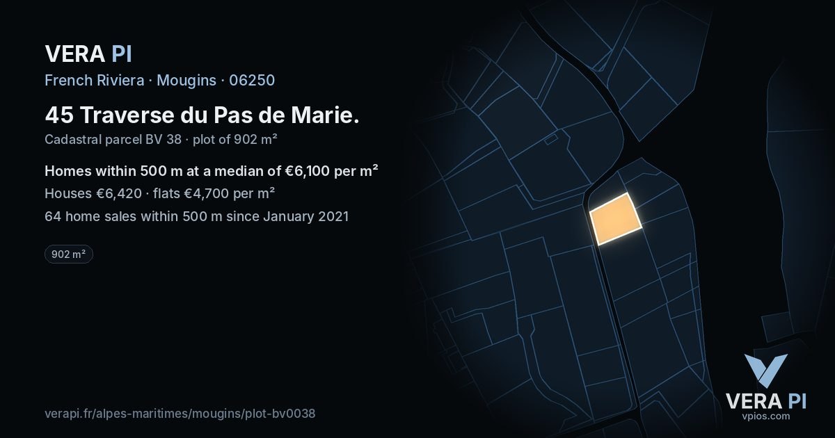 45 Traverse du Pas de Marie, Mougins at night – the plot lit, the parcels around coloured by the prices near them
