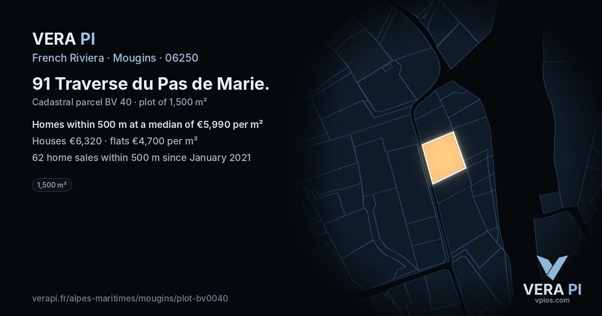91 Traverse du Pas de Marie, Mougins at night – the plot lit, the parcels around coloured by the prices near them