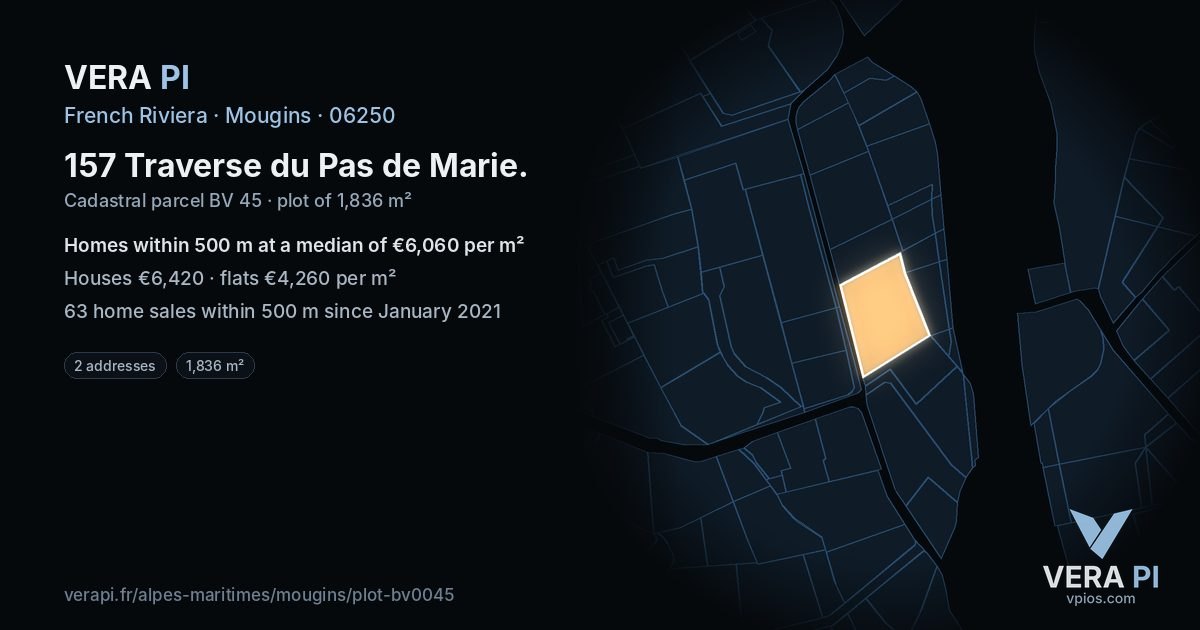 157 Traverse du Pas de Marie, Mougins at night – the plot lit, the parcels around coloured by the prices near them