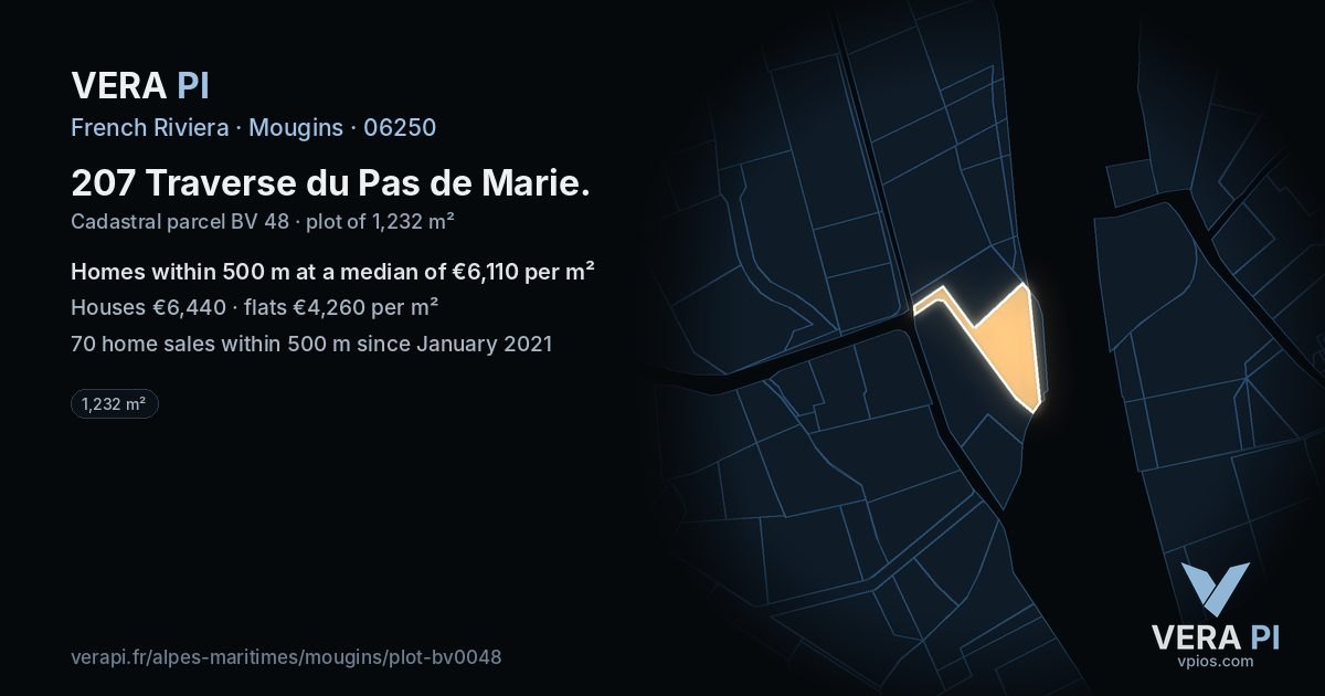 207 Traverse du Pas de Marie, Mougins at night – the plot lit, the parcels around coloured by the prices near them