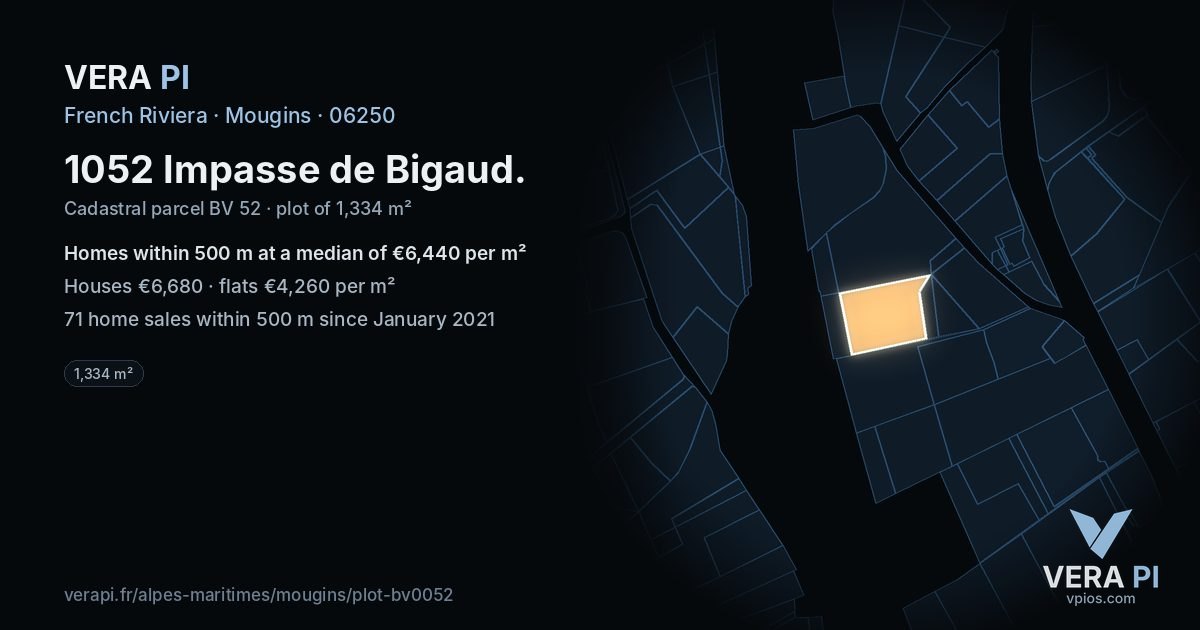 1052 Impasse de Bigaud, Mougins at night – the plot lit, the parcels around coloured by the prices near them