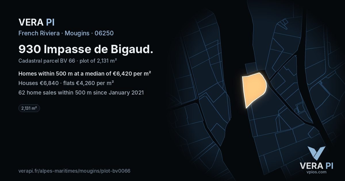 930 Impasse de Bigaud, Mougins at night – the plot lit, the parcels around coloured by the prices near them