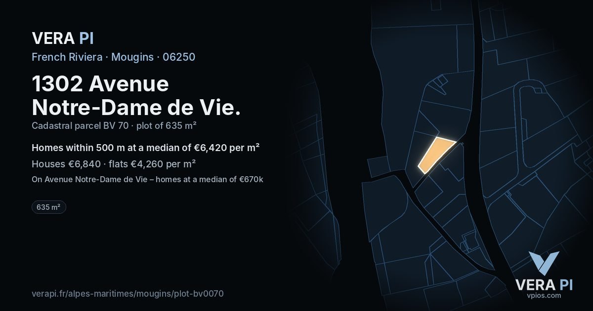 1302 Avenue Notre-Dame de Vie, Mougins at night – the plot lit, the parcels around coloured by the prices near them