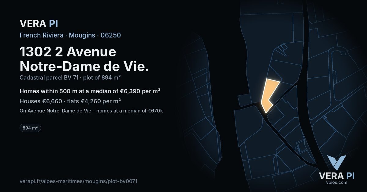 1302 2 Avenue Notre-Dame de Vie, Mougins at night – the plot lit, the parcels around coloured by the prices near them