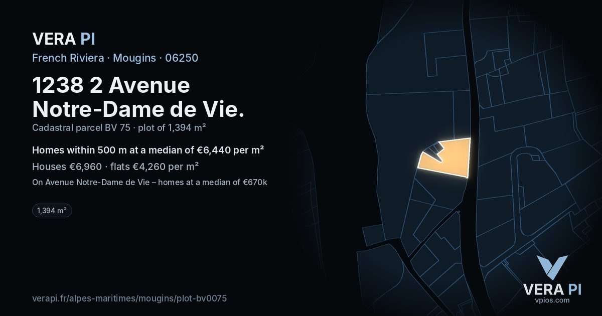 1238 2 Avenue Notre-Dame de Vie, Mougins at night – the plot lit, the parcels around coloured by the prices near them