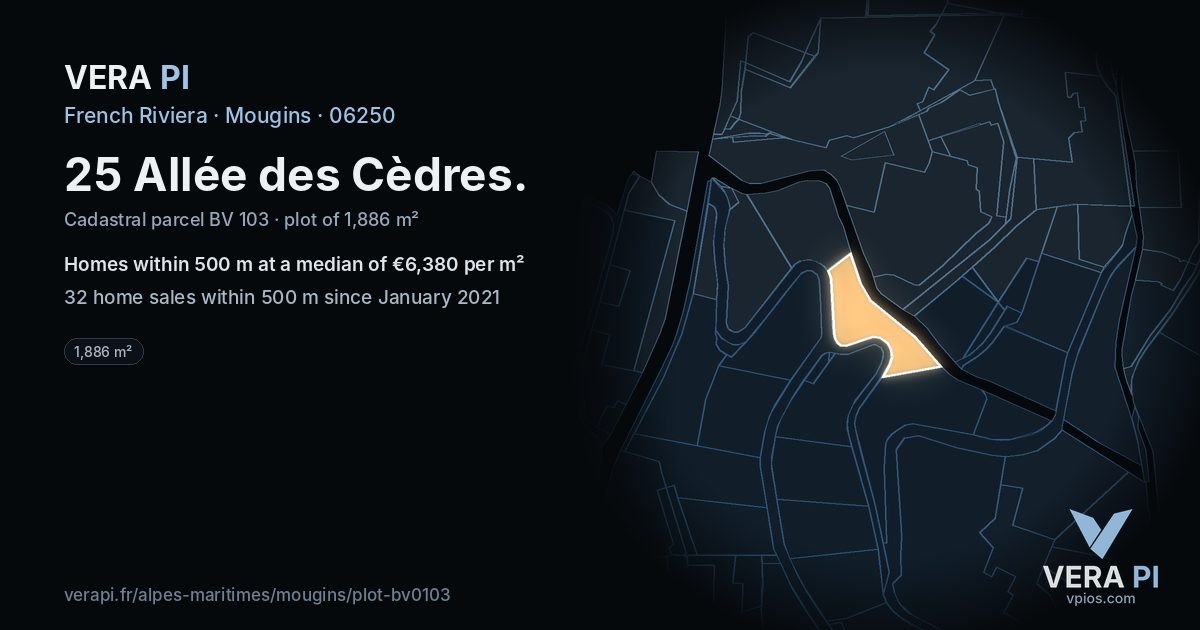 25 Allée des Cèdres, Mougins at night – the plot lit, the parcels around coloured by the prices near them