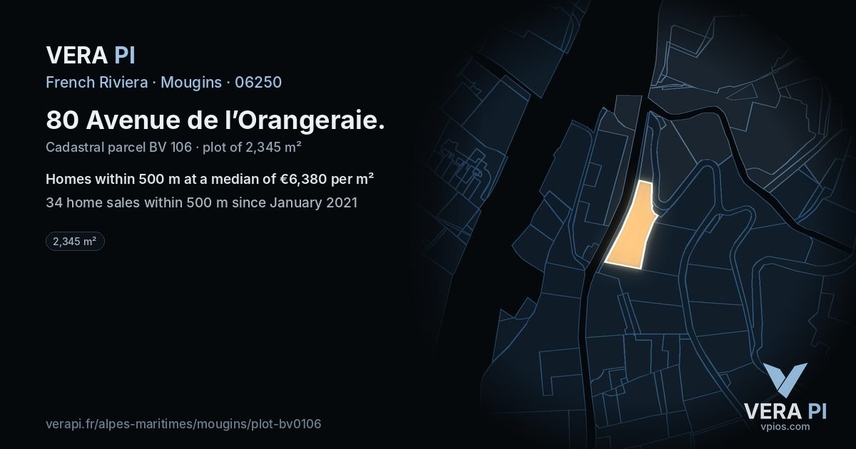 80 Avenue de l’Orangeraie, Mougins at night – the plot lit, the parcels around coloured by the prices near them