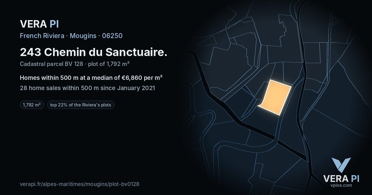 243 Chemin du Sanctuaire, Mougins at night – the plot lit, the parcels around coloured by the prices near them