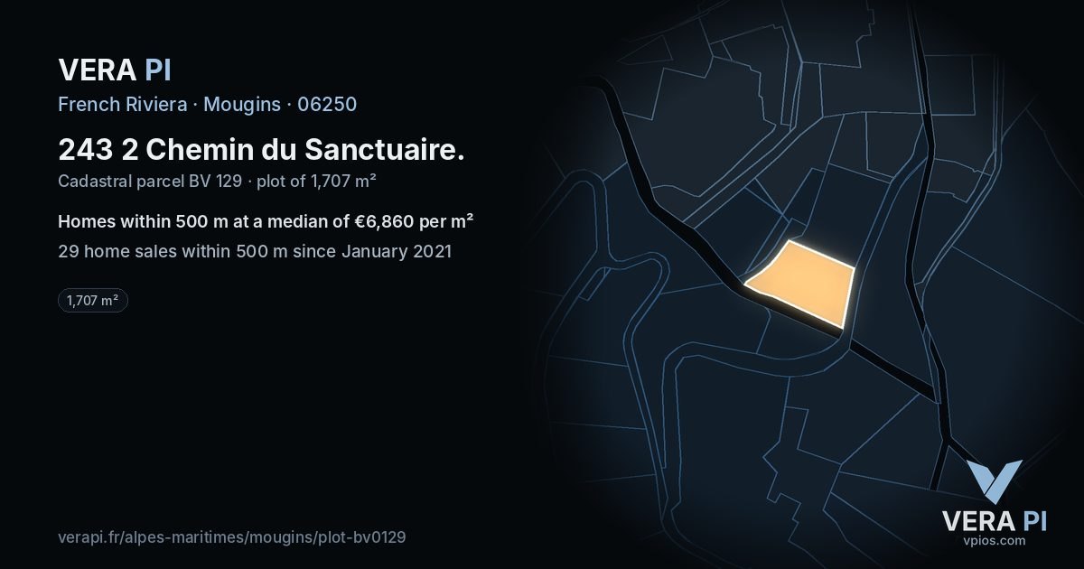 243 2 Chemin du Sanctuaire, Mougins at night – the plot lit, the parcels around coloured by the prices near them