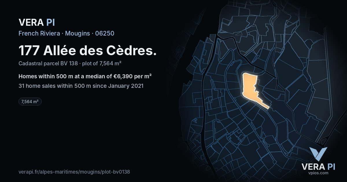 177 Allée des Cèdres, Mougins at night – the plot lit, the parcels around coloured by the prices near them