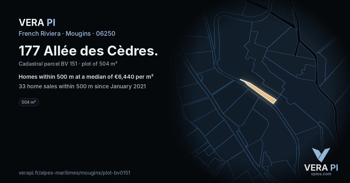 177 Allée des Cèdres, Mougins at night – the plot lit, the parcels around coloured by the prices near them