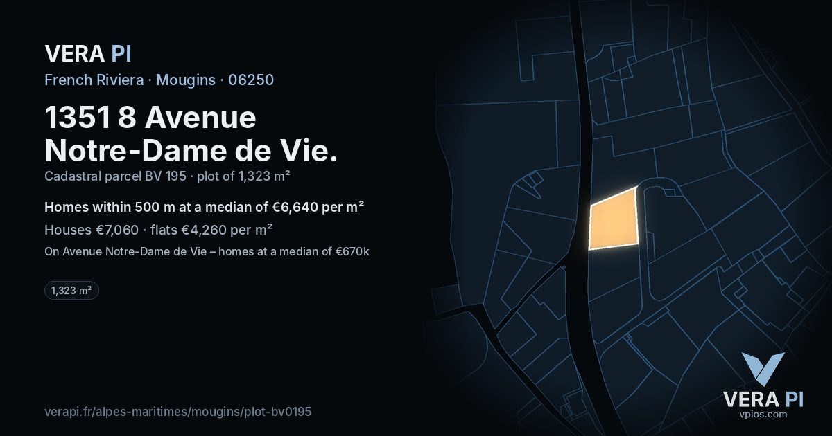 1351 8 Avenue Notre-Dame de Vie, Mougins at night – the plot lit, the parcels around coloured by the prices near them